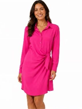 Alex Marie 14 Fuchsia Vibrant Hot Pink Button-Front Side Tie Collard Dress